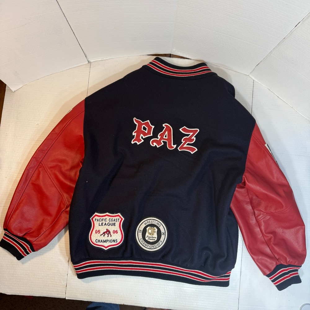 Letterman Jacket 3XL Leather wool Varsity Y2K Patch authentic red blue Wrestling - Picture 2 of 16
